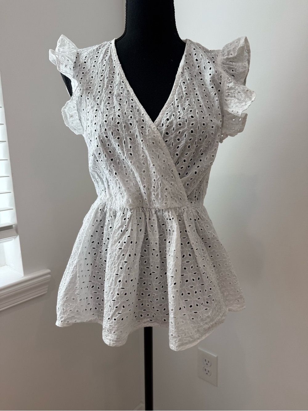 New York & Company White Eyelet Flutter-Sleeve Peplum Blouse